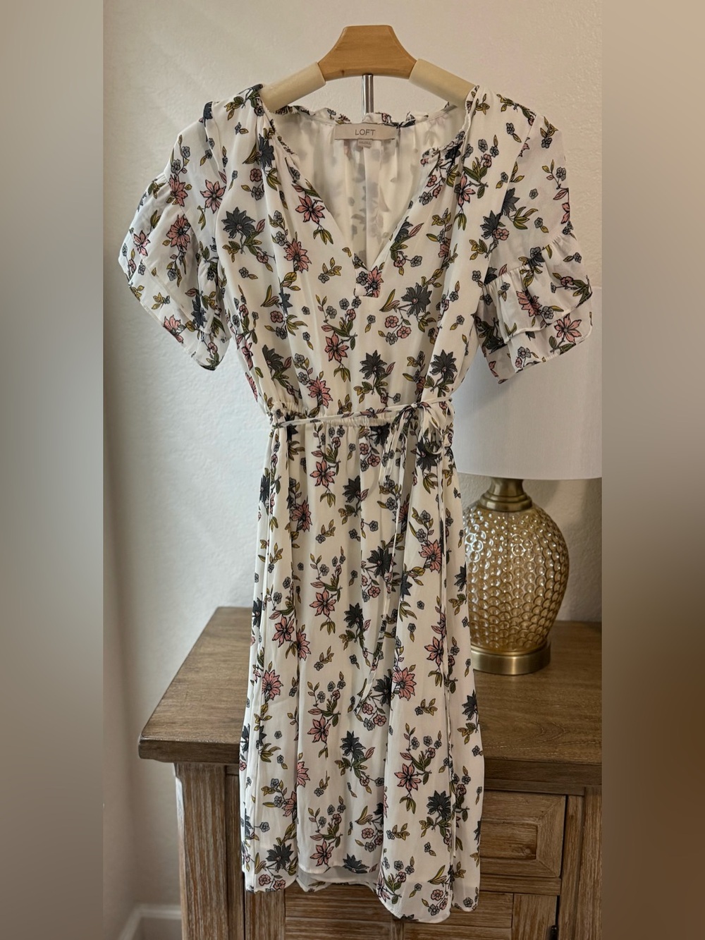 Loft Floral V-Neck Midi Dress in white with Pink & Green Print- Size XXS